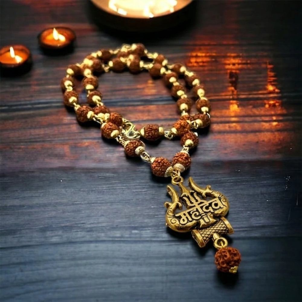 Mahadev Gold Finish Pendant with Gold Capped Rudraksha Mala | Shiva Kavach