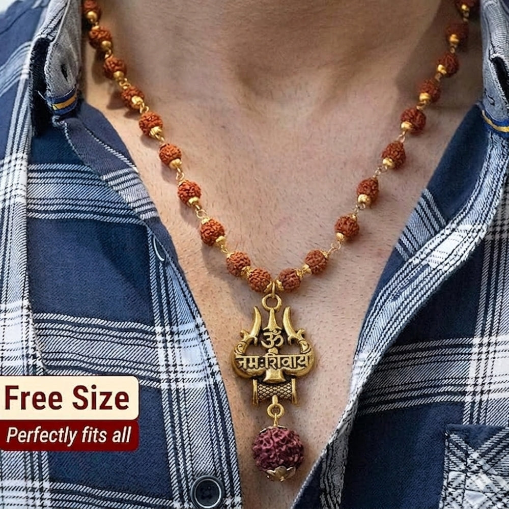 Om Namah Shivay gold finish pendant with gold capped Rudraksha mala for men