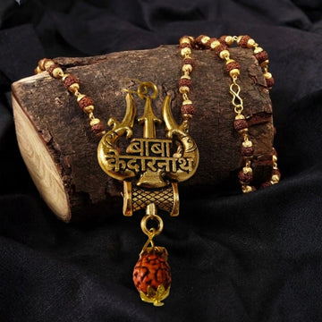 Baba Kedarnath gold finish pendant with gold capped Rudraksha mala