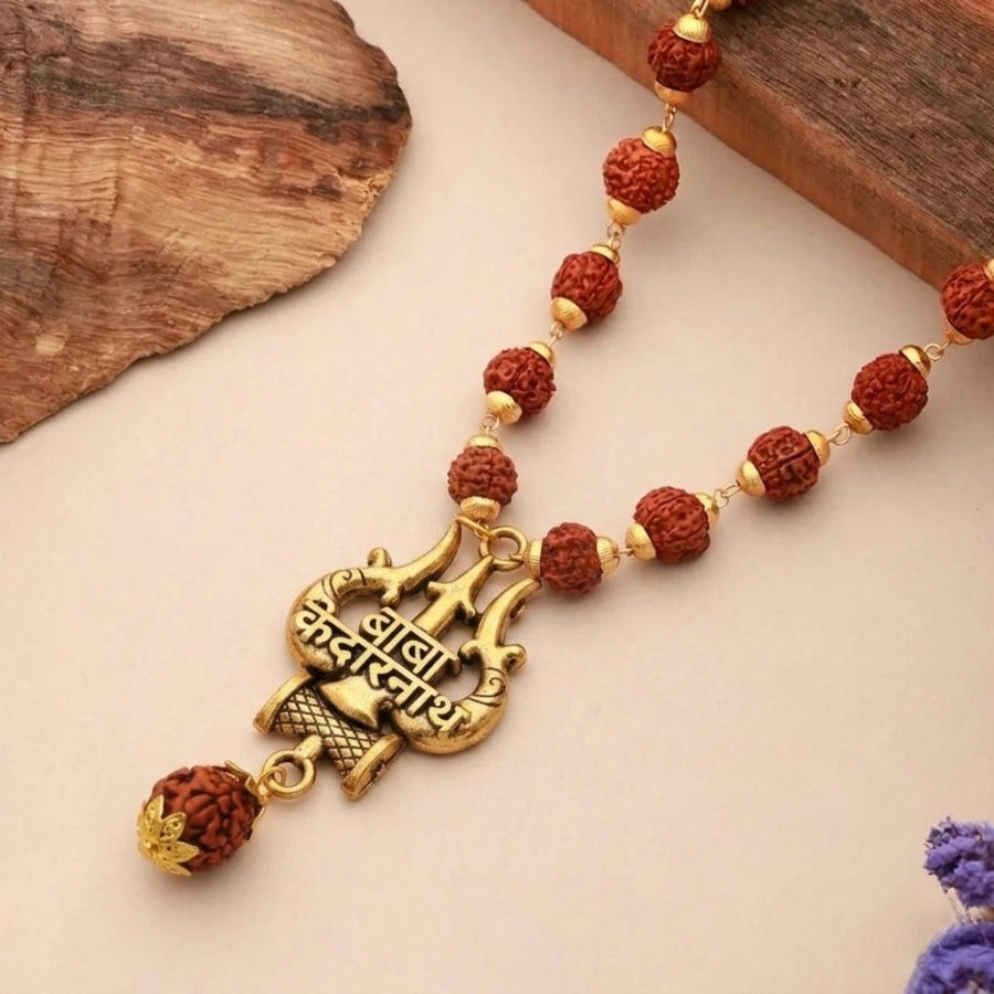 Anti-tarnish gold finish Himalayan Shiva temple pendant on natural beads