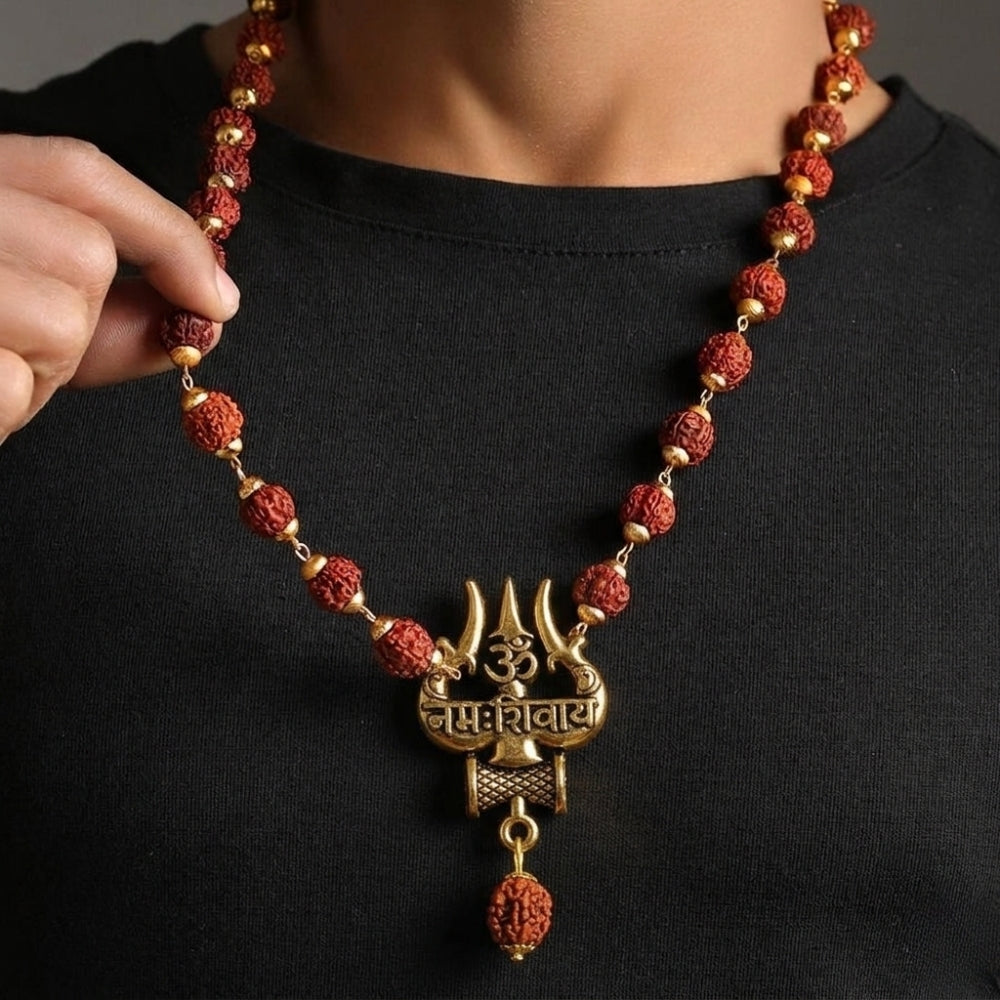 Om Namah Shivay gold finish pendant with gold capped Rudraksha mala for men