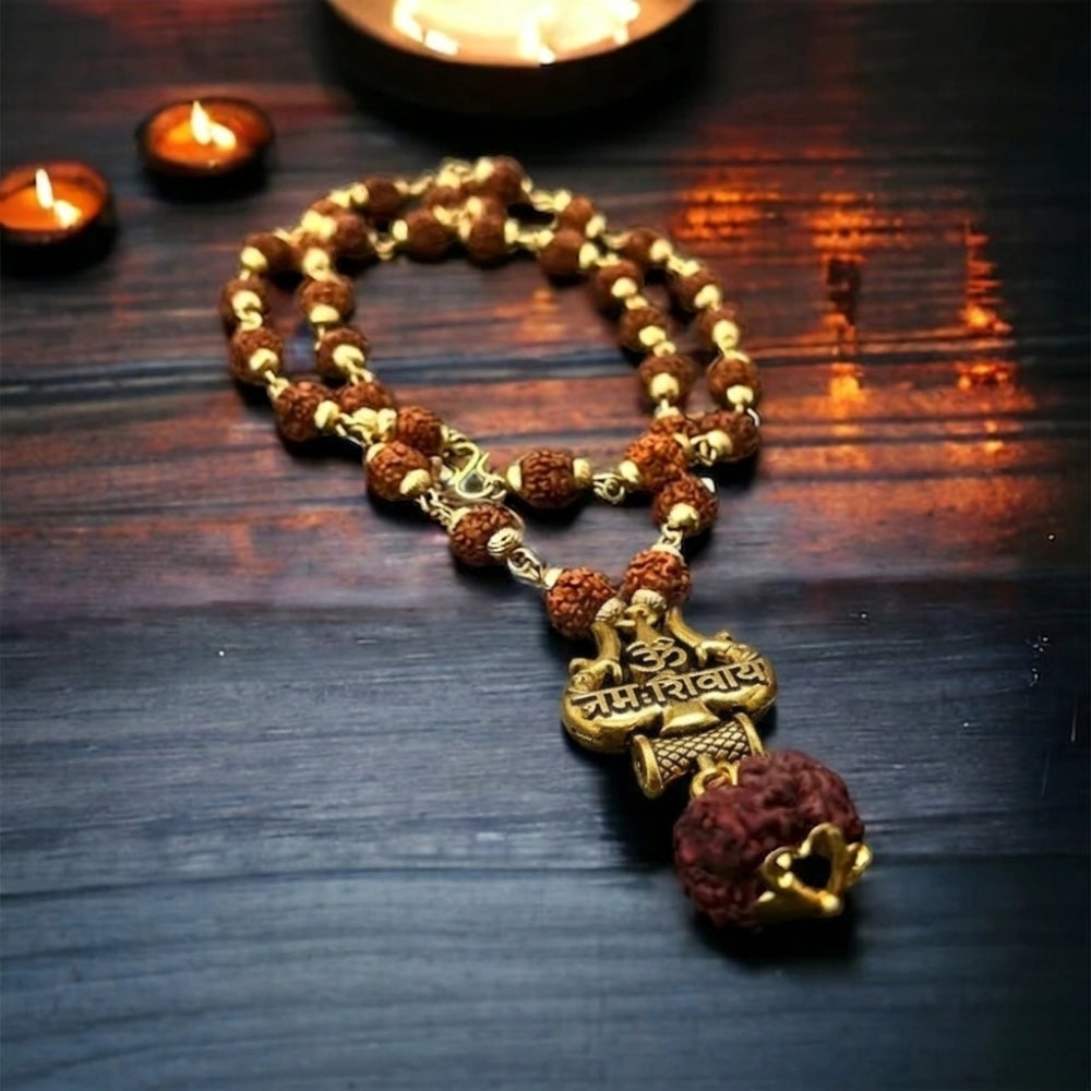 Om Namah Shivay Gold Finish Pendant with Gold Capped Rudraksha Mala