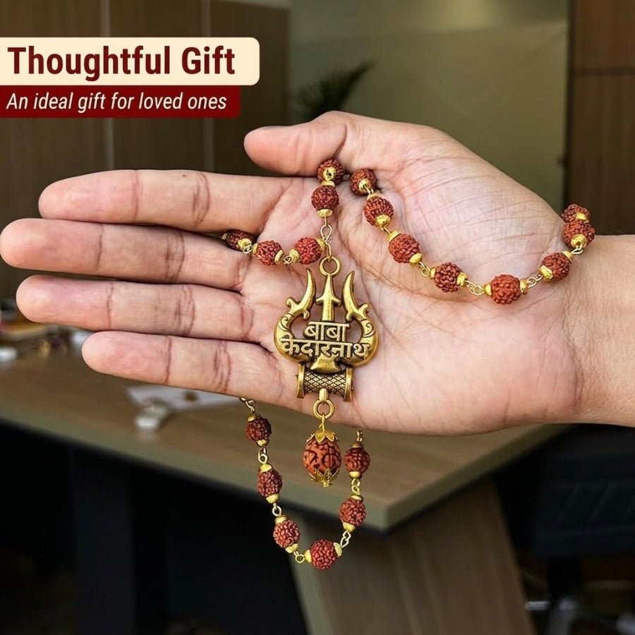 Baba Kedarnath Gold Finish Pendant with Gold Capped Rudraksha Mala