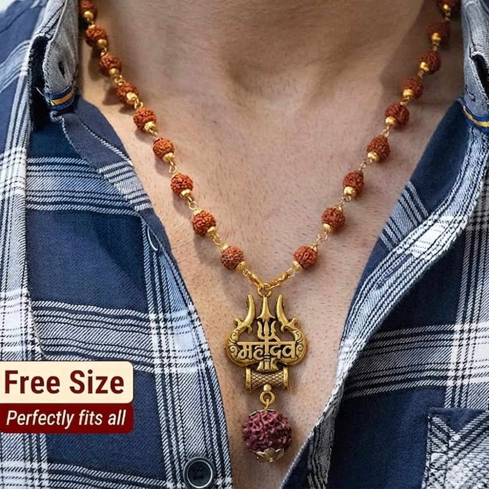 Natural Rudraksha bead necklace with detailed Lord Shiva locket