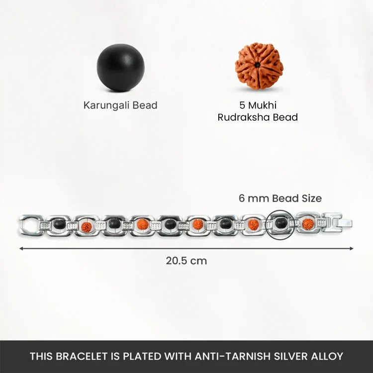 Authentic 5 Mukhi Rudraksha and black ebony wood silver bracelet