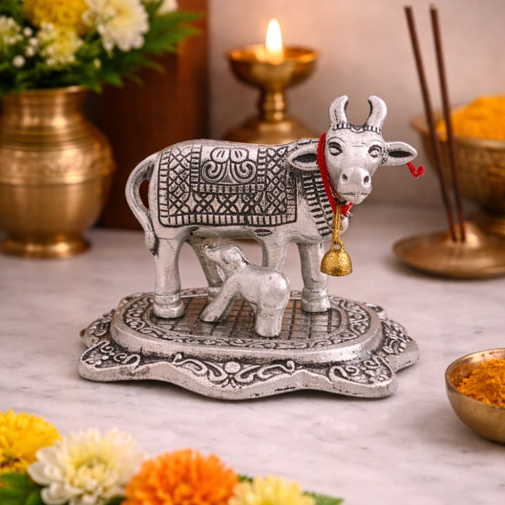 Kamdhenu Cow with Calf Metal Statue for Good Luck