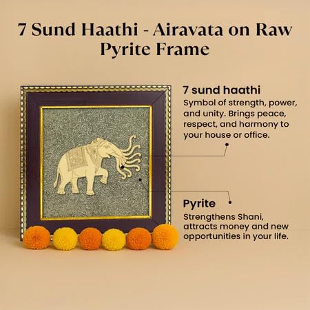 Close-up of seven miniature elephants on sparkling pyrite stone