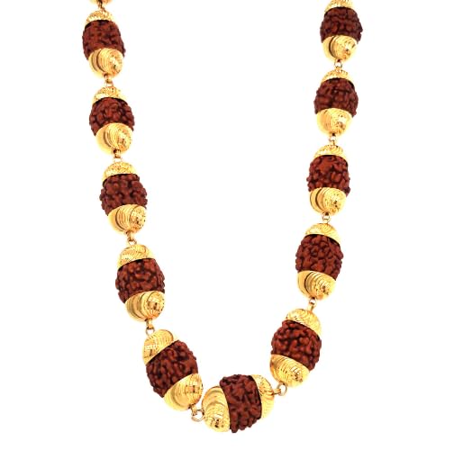 Close-up of high-quality golden caps on natural rudraksha beads
