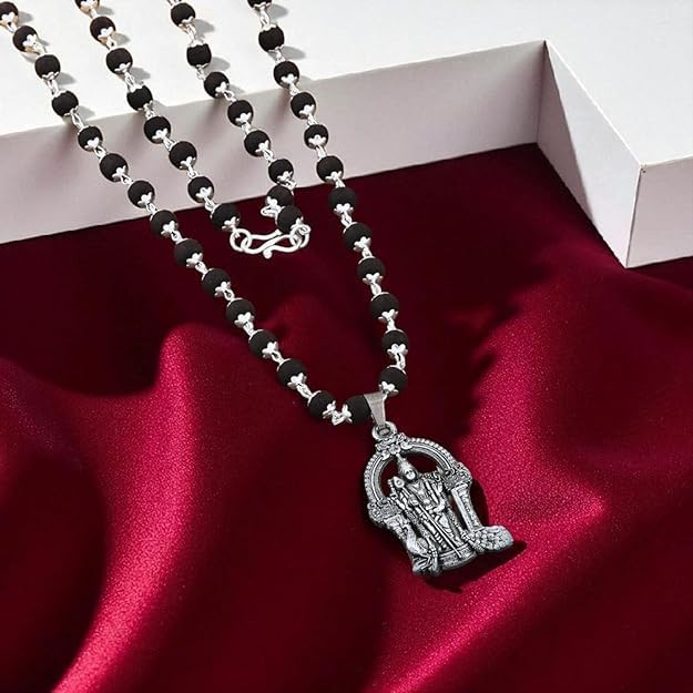 Hand-polished 108 ebony beads Karungali mala featuring a detailed silver Murugan Vel pendant