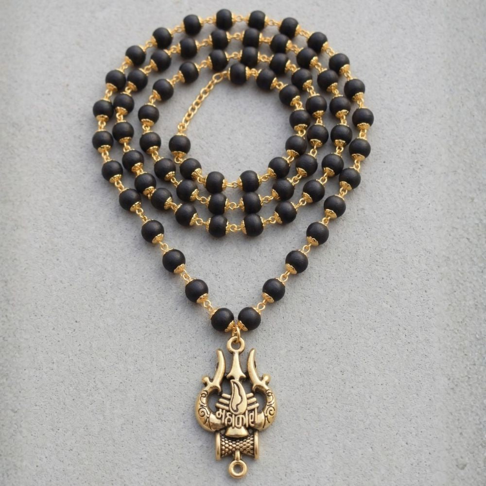 Original Gold Capped Karungali Mala with Shiva Trishul Locket | Ebony Wood