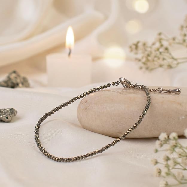 Natural pyrite anklet with faceted silver crystal beads