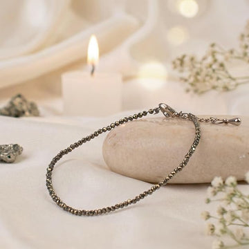 Natural pyrite anklet with faceted silver crystal beads