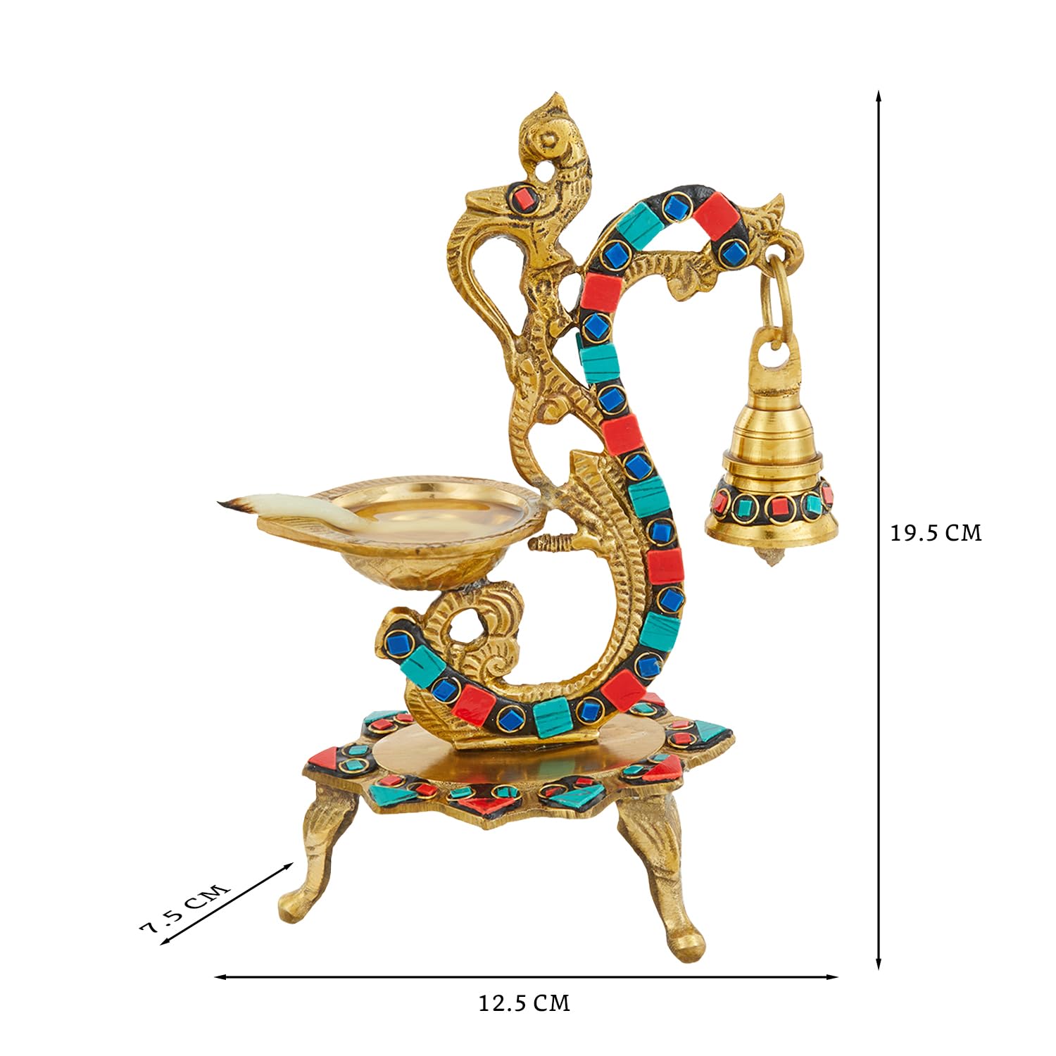 Gemstone Work Ethnic Carved Peacock Design Pure Brass Diya with Bell