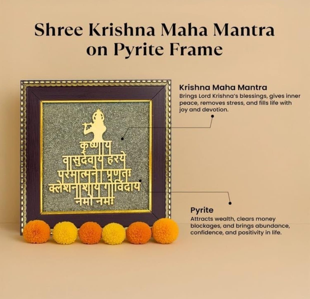 Close-up of etched Krishna mantra on sparkling pyrite base