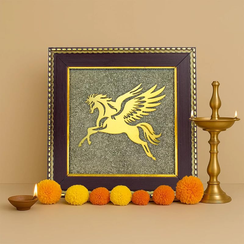 Flying horse statue on natural raw pyrite cluster frame