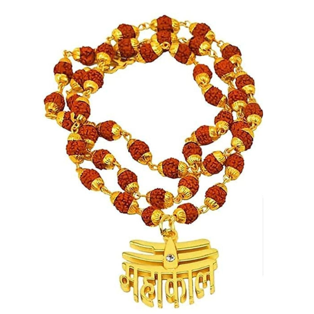 Rudraksha Mala with Shiv Mahakal Metal Trikund Pendant | Unisex Protection Mala