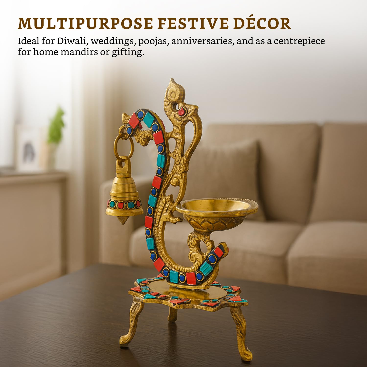 Gemstone Work Ethnic Carved Peacock Design Pure Brass Diya with Bell