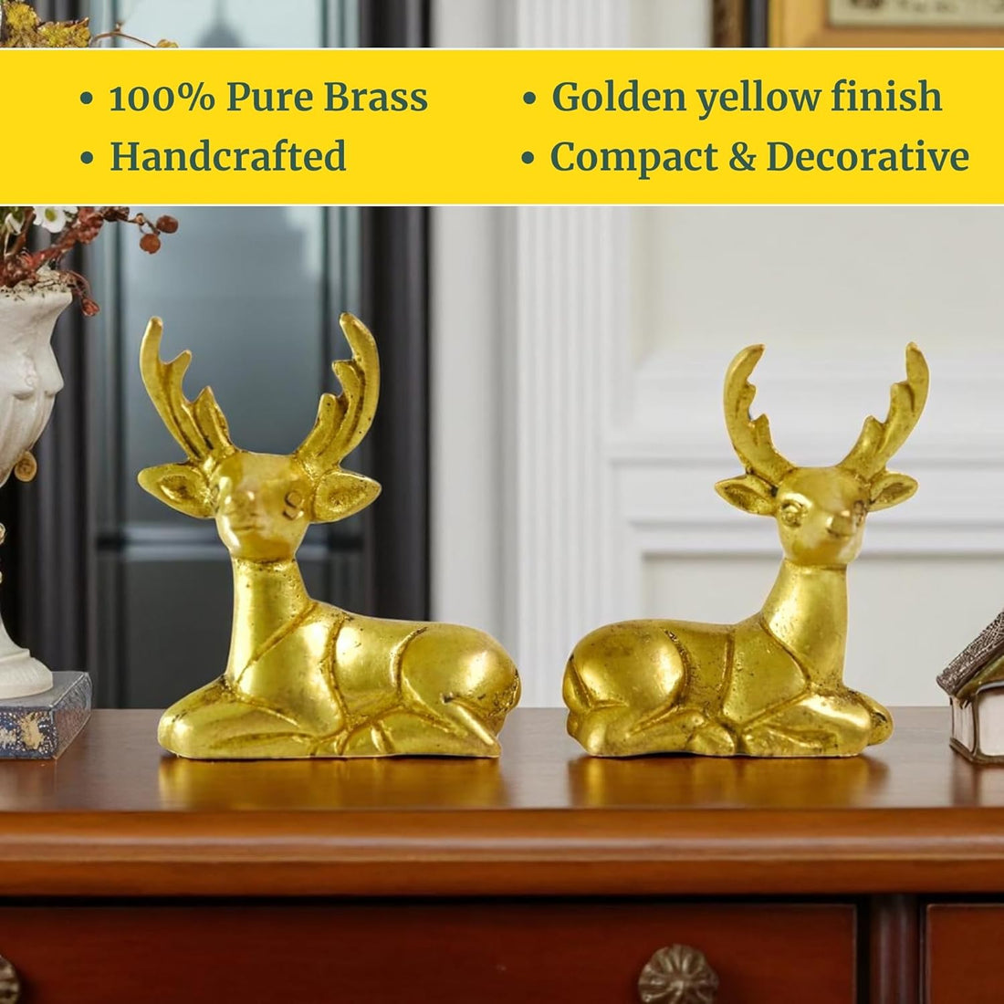 Brass Deer Figurines Set for Home Décor | Handcrafted Indian Art Showpiece for Shelf and Gifting