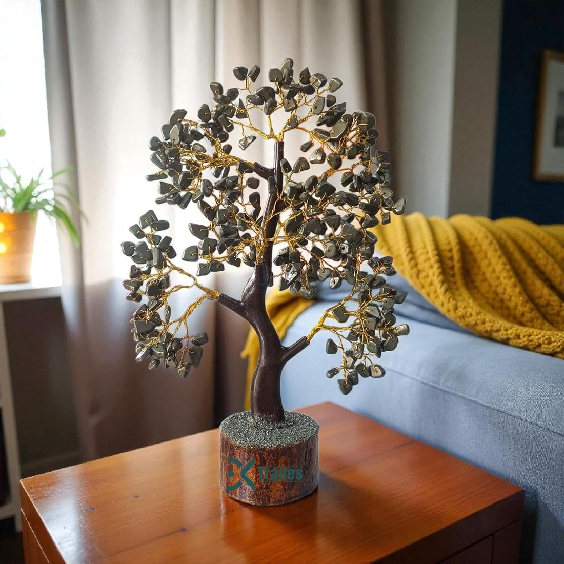 Natural pyrite money tree with golden crystal clusters