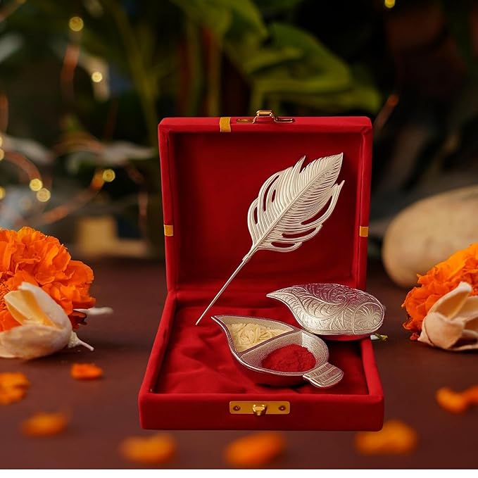 German Silver Sindoor Pot Set with Tilak Stick & Peacock Feather