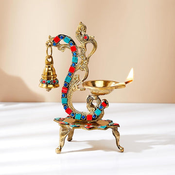 Gemstone Work Ethnic Carved Peacock Design Pure Brass Diya with Bell