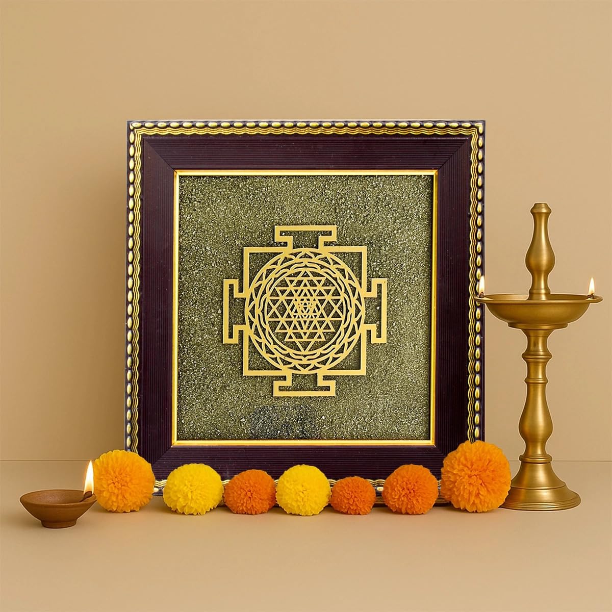 Shree Yantra engraved on natural pyrite frame for prosperity