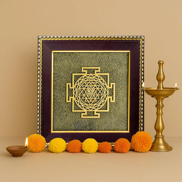 Shree Yantra engraved on natural pyrite frame for prosperity
