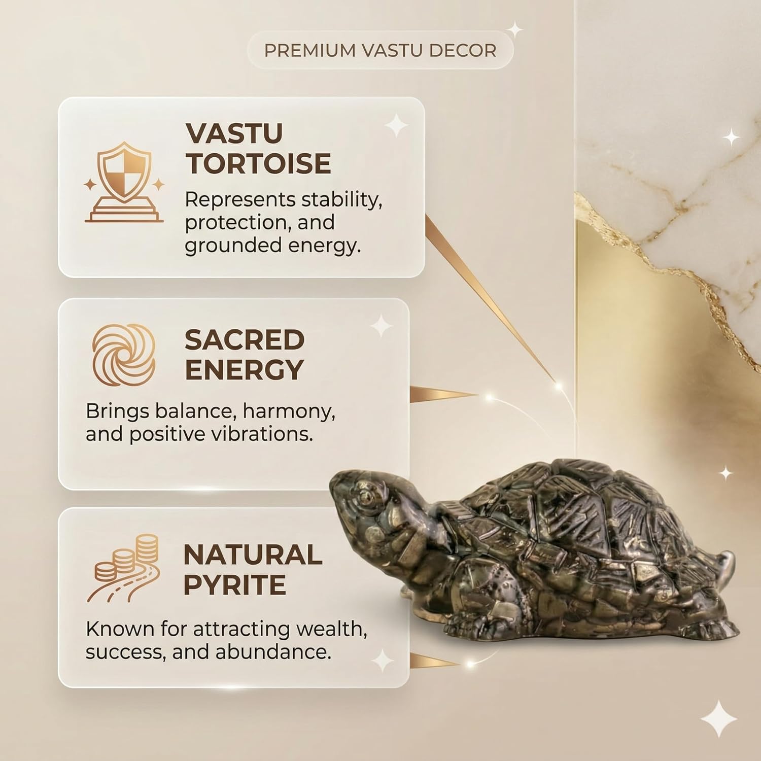 Hand-carved golden pyrite turtle for office desk decor.