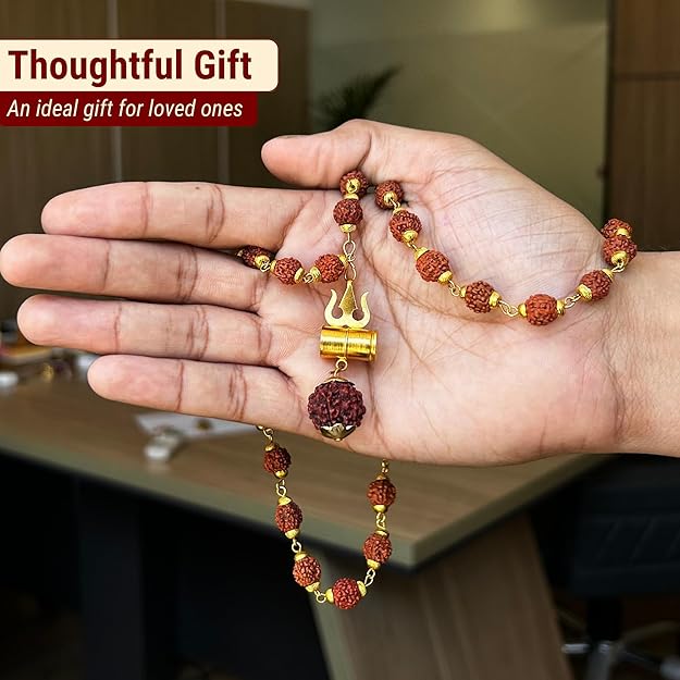 Gold Plated Rudraksha Trishul Necklace | Shiva Protection Pendant