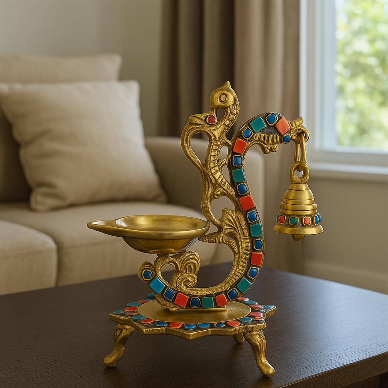 Gemstone Work Ethnic Carved Peacock Design Pure Brass Diya with Bell