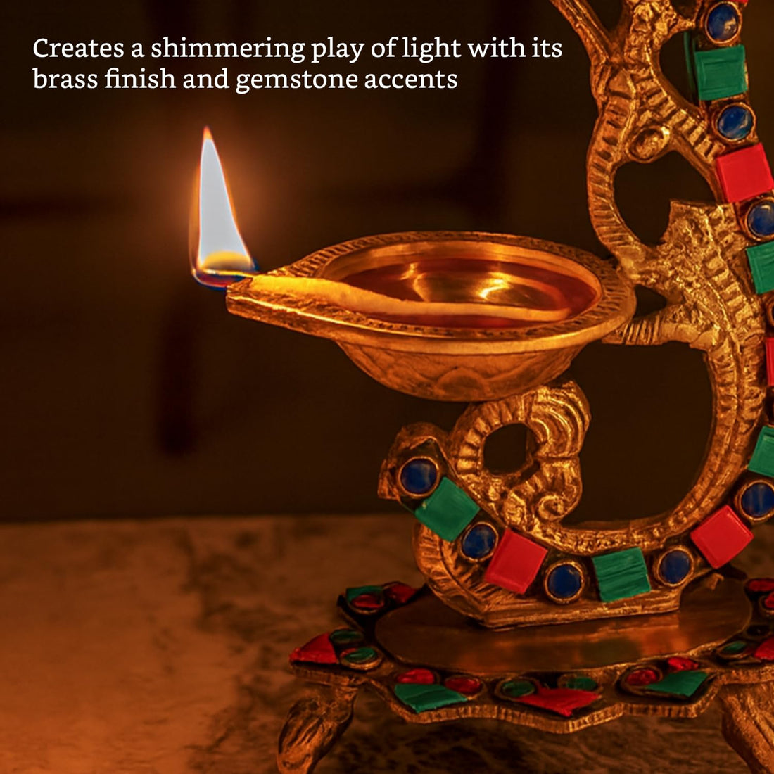 Gemstone Work Ethnic Carved Peacock Design Pure Brass Diya with Bell