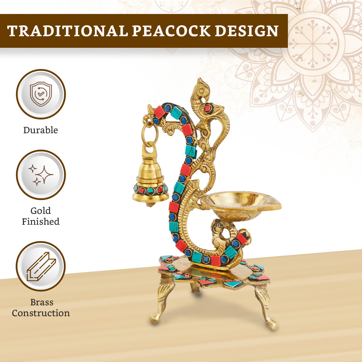 Gemstone Work Ethnic Carved Peacock Design Pure Brass Diya with Bell