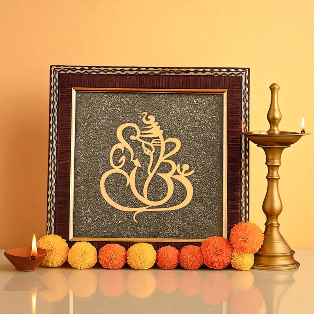 Ganesh Ji idol on natural raw pyrite cluster frame