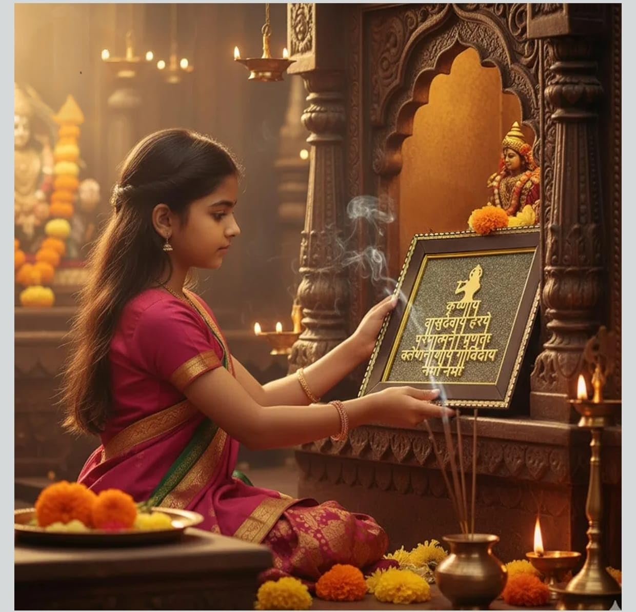 Krishna Mantra engraved on natural golden pyrite stone frame
