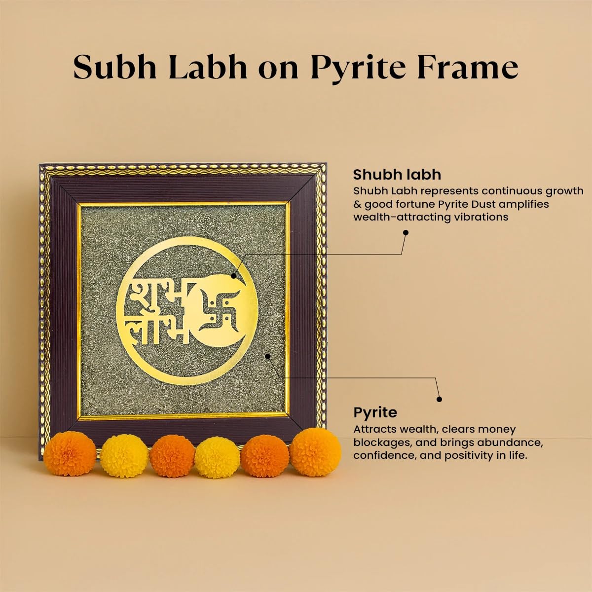 Close-up of Shubh Labh lettering on sparkling metallic pyrite