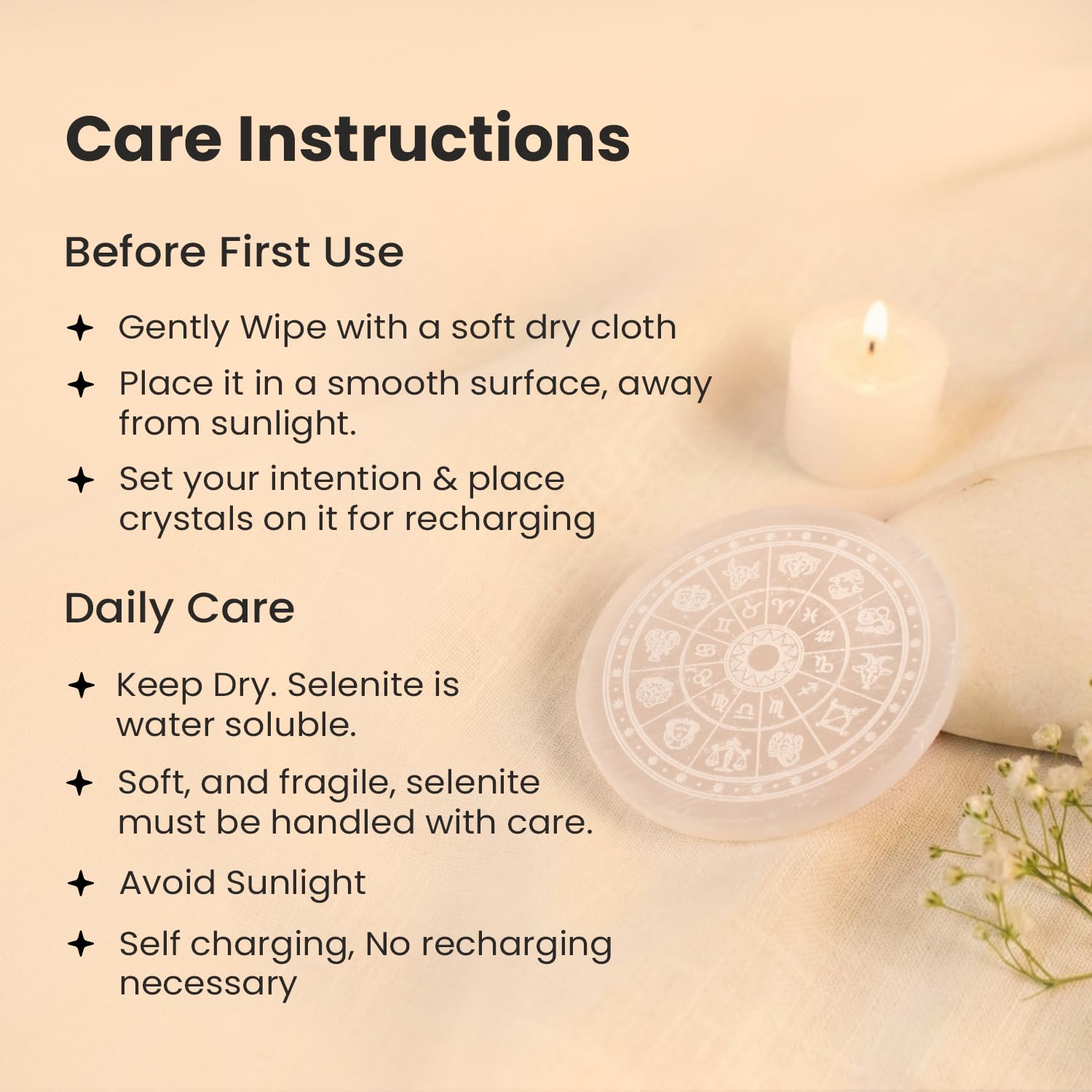 Round selenite charging station for jewelry and healing crystals.