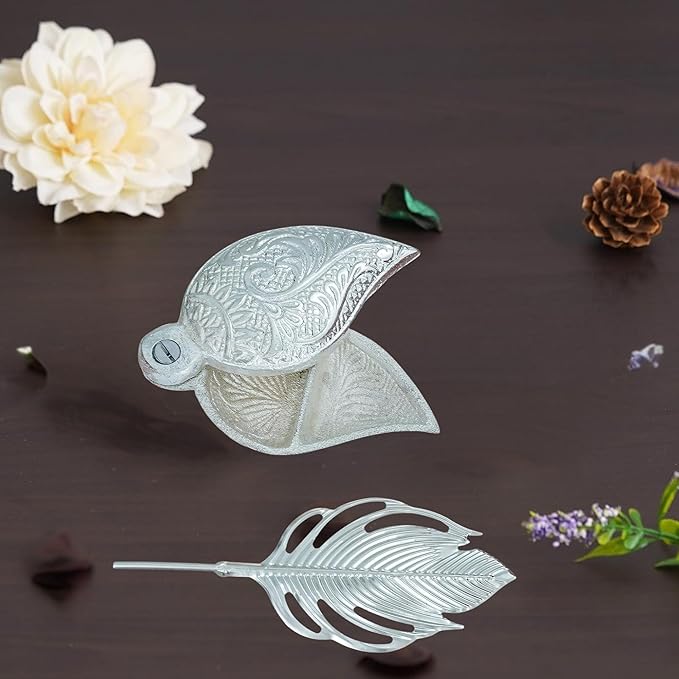 German Silver Sindoor Pot Set with Tilak Stick & Peacock Feather