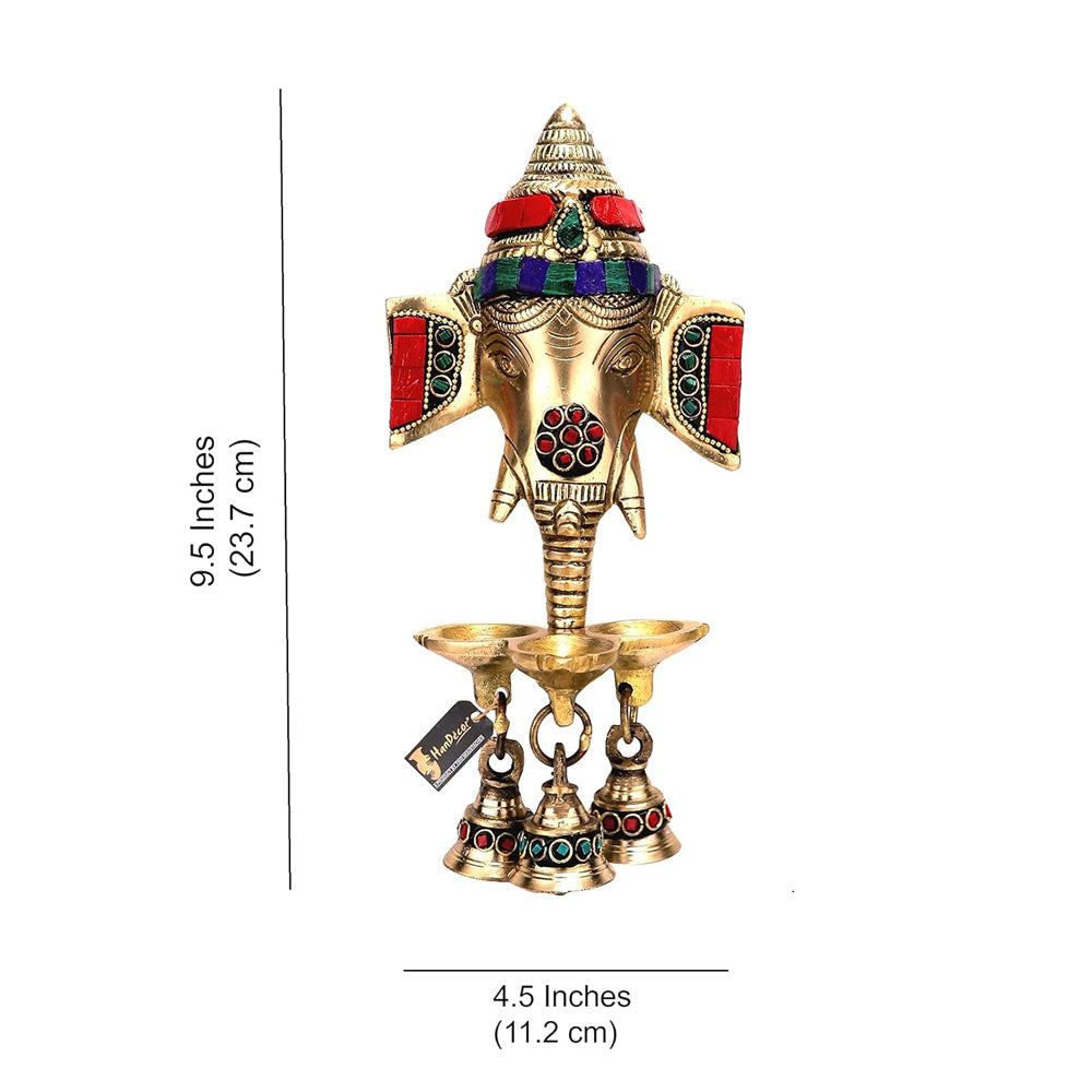 Gemstone Work Brass Ganesha Wall Hanging Diya with Bells