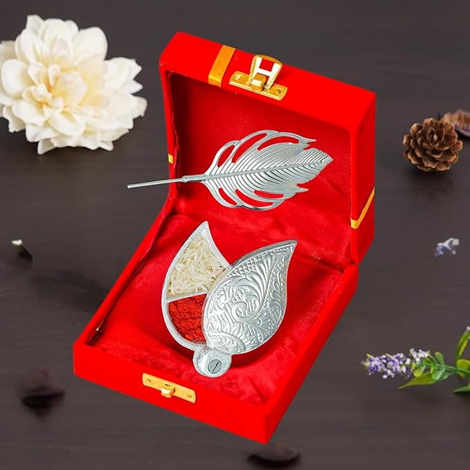 German Silver Sindoor Pot Set with Tilak Stick & Peacock Feather