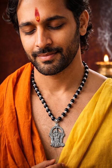 Close-up of high-quality silver caps on natural karungali beads