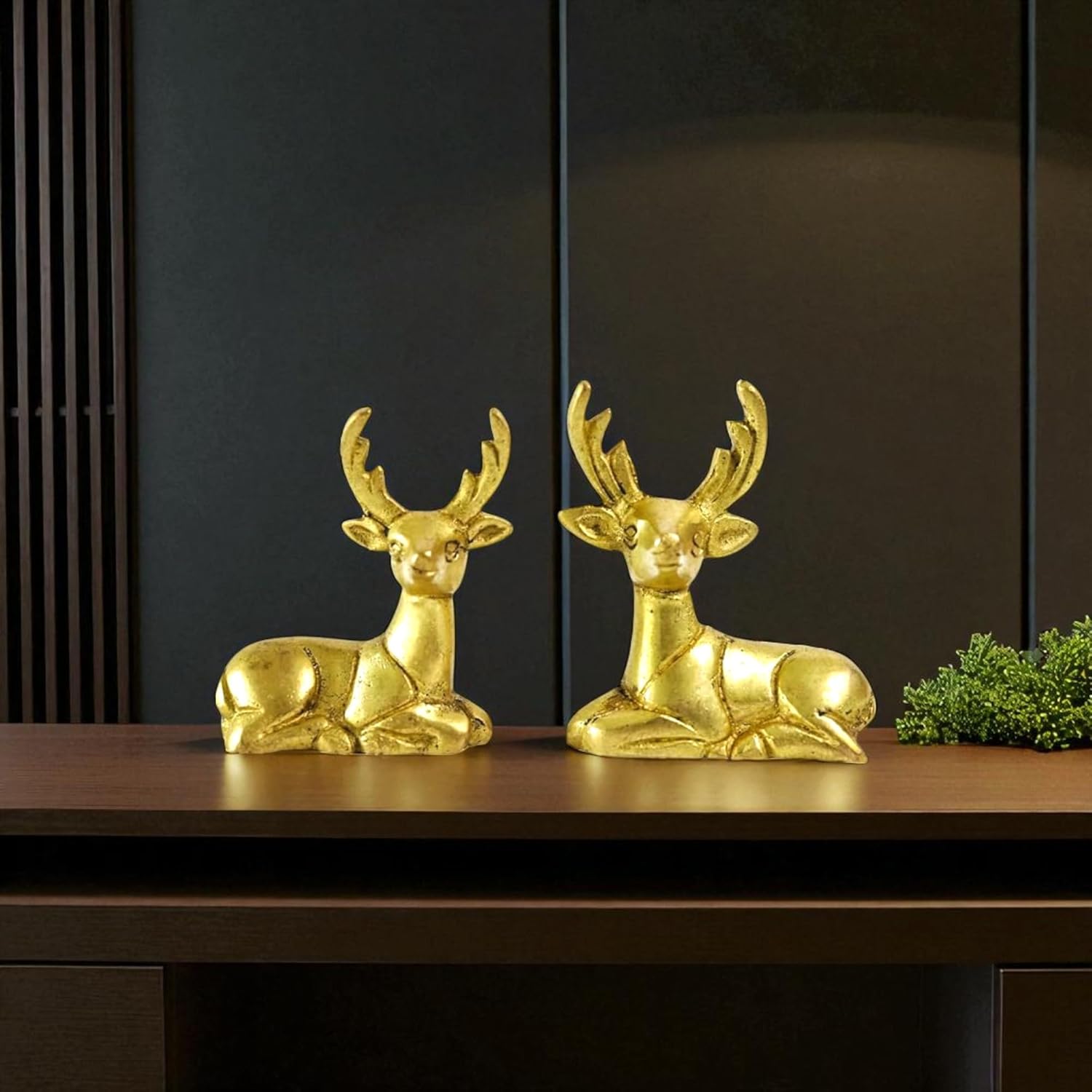 Brass Deer Figurines Set for Home Décor | Handcrafted Indian Art Showpiece for Shelf and Gifting