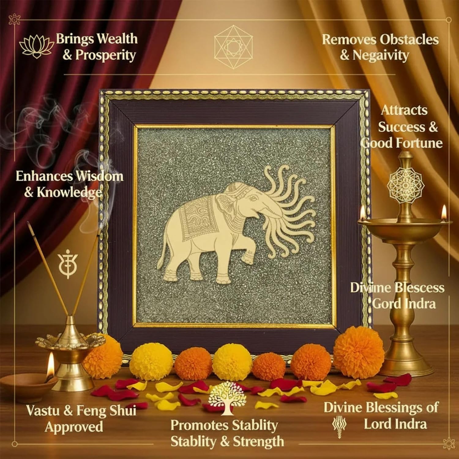 Spiritual seven lucky elephants on pyrite stone for success