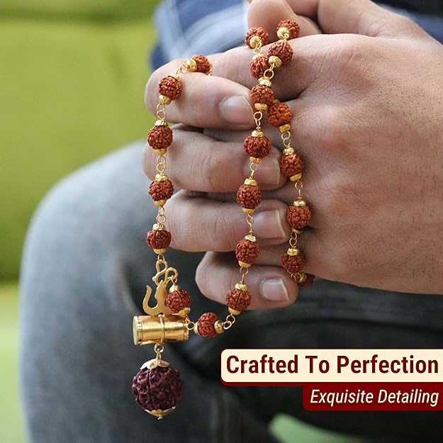 Gold Plated Rudraksha Trishul Necklace | Shiva Protection Pendant