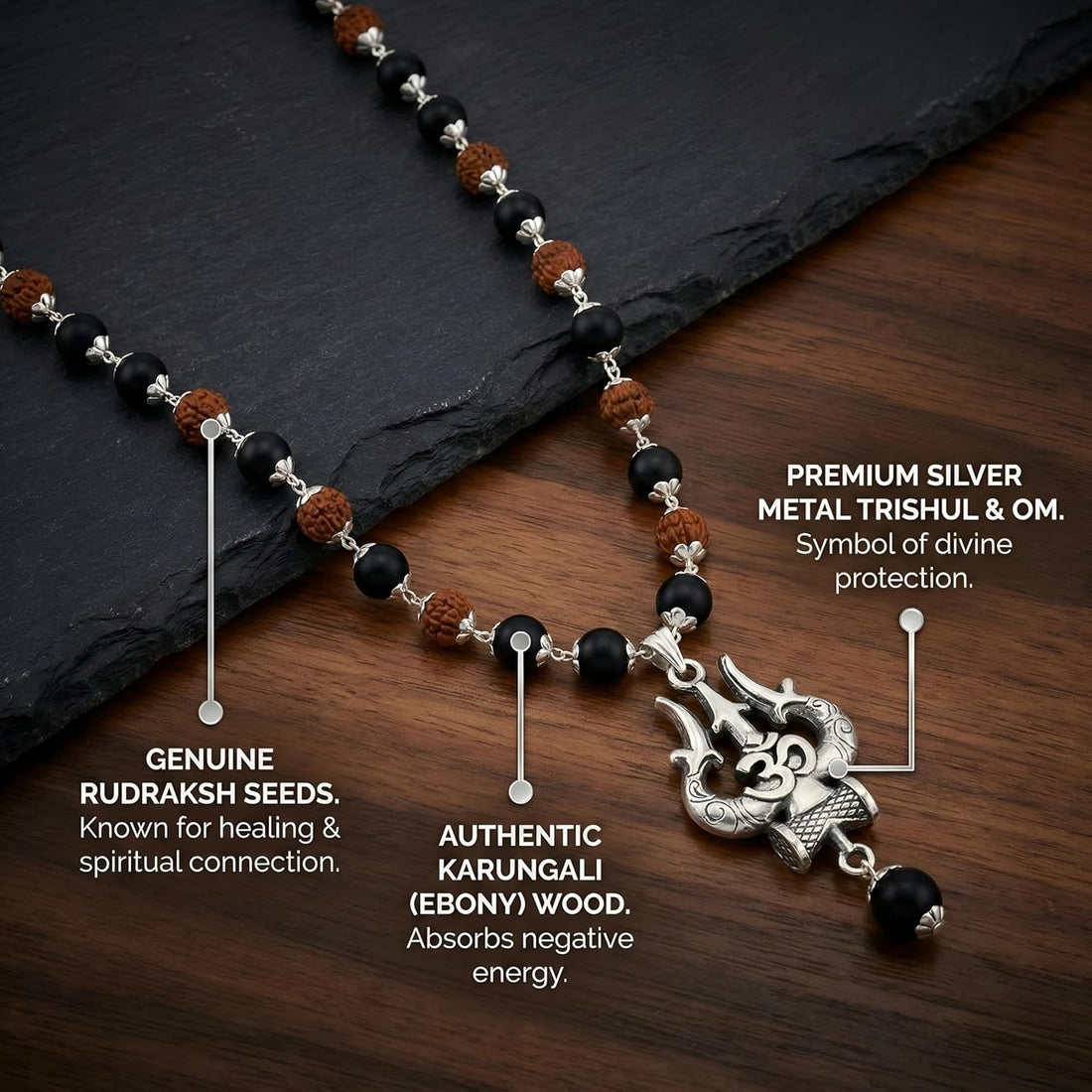 Original Rudraksha Karungali mala with silver caps for protection