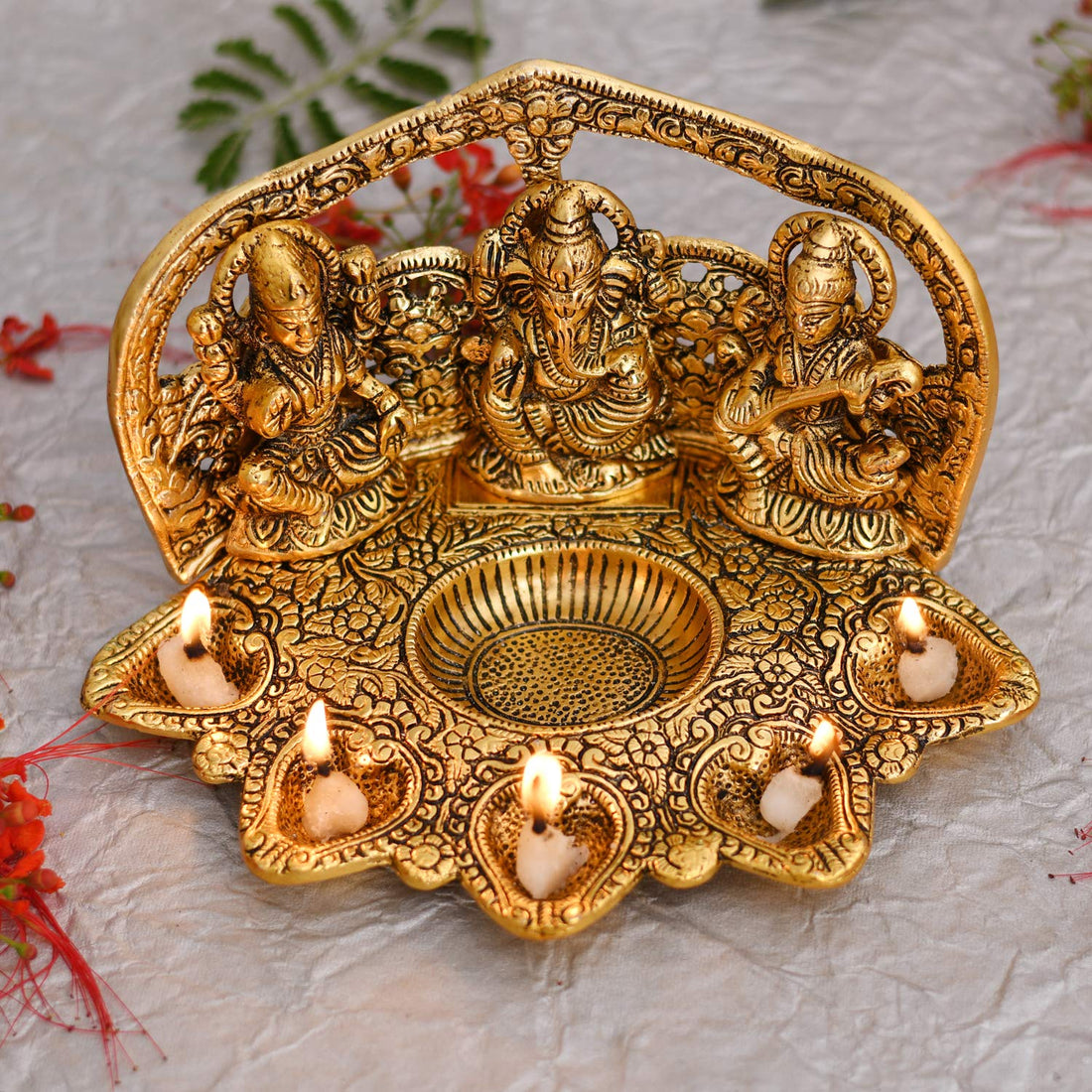Laxmi Ganesh Saraswati Idol Diya Oil Lamp - Traditional Diya for Diwali