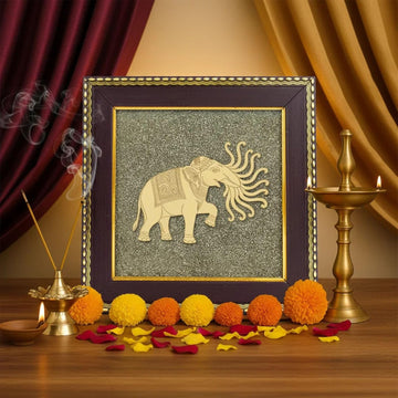 7 trunk up elephants on natural raw pyrite cluster frame