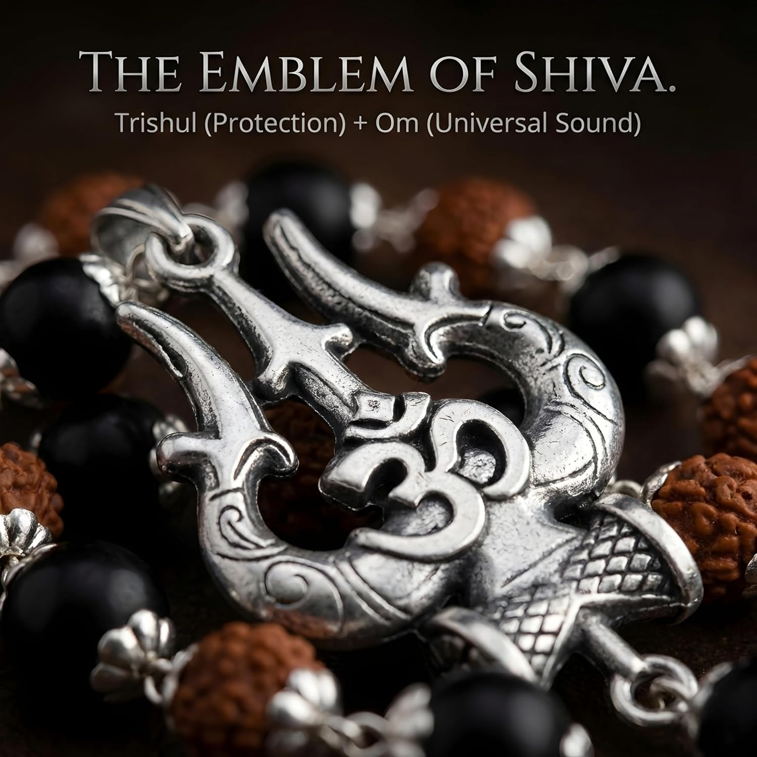 Handcrafted black ebony and Rudraksha beads success mala in silver