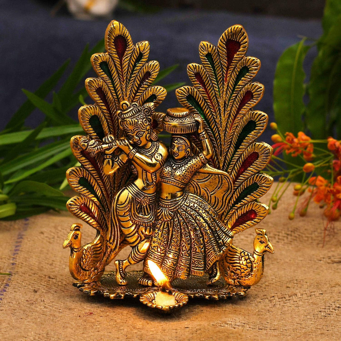 Peacock Design Radha Krishna Idol Showpiece with Diya for Puja and Home Decor