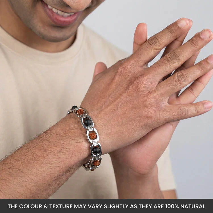 Metal Rudraksha and Karungali bracelet in silver finish for men