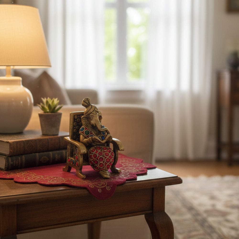 Brass Lord Ganesh Reading Book on Chair